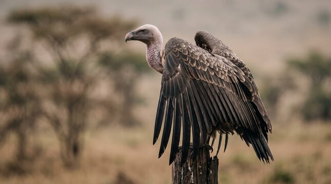 African white backed vulture bird perched on a wooden post with open wings for international vulture awareness day conservation campaign