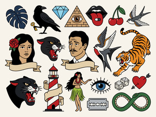 Obraz premium Collection of traditional tattoo flash icons featuring panther heads, tiger, lighthouse, and classic symbols in vintage old school style.