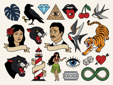 Collection of traditional tattoo flash icons featuring panther heads, tiger, lighthouse, and classic symbols in vintage old school style.