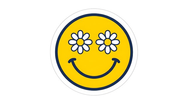 Bold flat vector of a retro smiley face with two small daisy flowers as the eyes instead of dots, simple curved smile line, vivid sunny yellow and white palette, white background, no text, no brand, Y