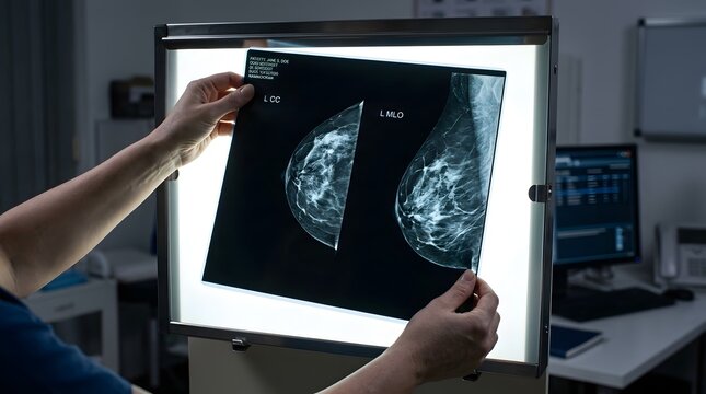 Breast cancer awareness radiologist examining mammogram with hope for early detection