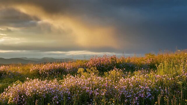 Wildflower terrain timelapse petals swaying gently shadows shifting with clouds across meadow view