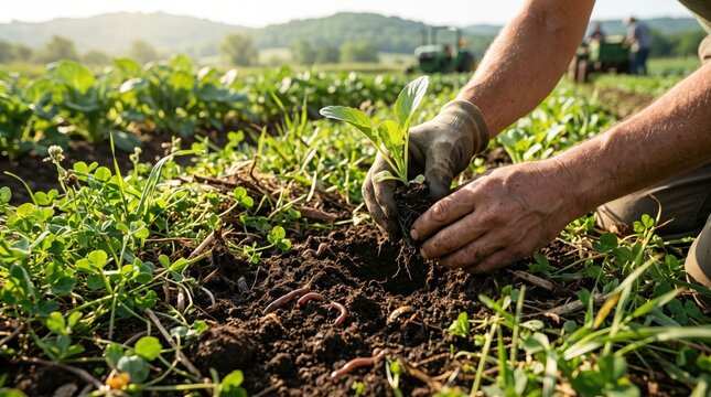 Close up of farmer hands planting green seedling into fertile soil rich with earthworms in organic vegetable garden field under sunlight representing sustainable agriculture and...
