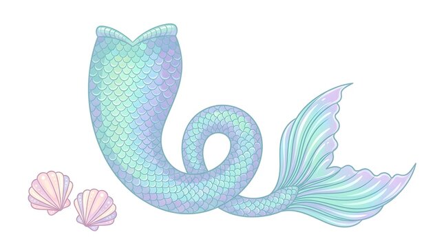 Charming flat vector of a mermaid tail curling shape in iridescent teal and seafoam scale texture, a small scallop shell pair beside it, soft pastel palette, white background, no text, no brand, fanta