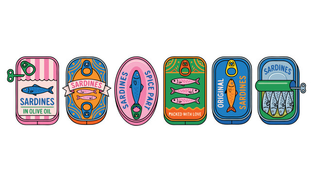 Colorful sardine cans with various labels and designs on white background