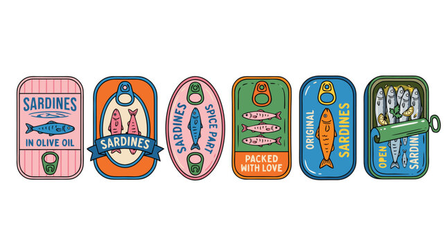 Colorful sardine cans with various labels and designs on white background