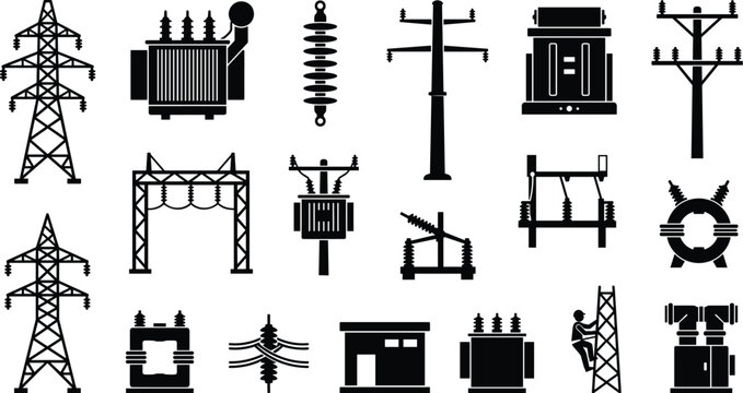 Vector collection of electrical infrastructure silhouette icons including transmission towers, transformers, substations, poles, and insulators