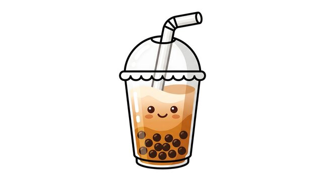 Playful bold flat vector of a clear cup of bubble milk tea with visible dark boba pearls at the bottom, a wide straw, small smiling face detail on the cup, vivid caramel brown and cream palette, white