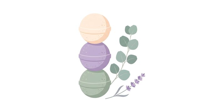 Soothing flat vector of three round bath bombs in pastel colours stacked beside a small eucalyptus sprig, soft lavender and sage palette, white background, no text, no brand, self care wellness concep