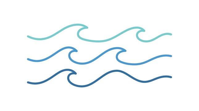 Clean flat vector of three simple flowing horizontal wave lines stacked, smooth curved single-line strokes in varying shades of ocean blue, white background, no text, no brand, coastal minimal art con