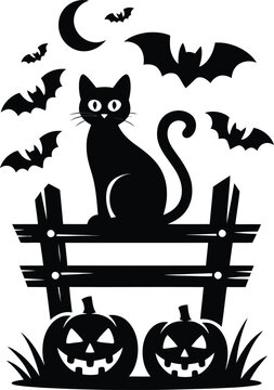 Black cat sitting on striped chair with crescent moon and stars