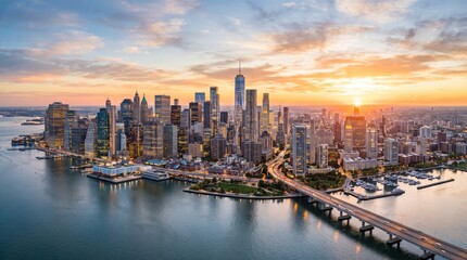 Obraz premium Aerial view of the expansive New York City skyline featuring illuminated skyscrapers during a vibrant sunset