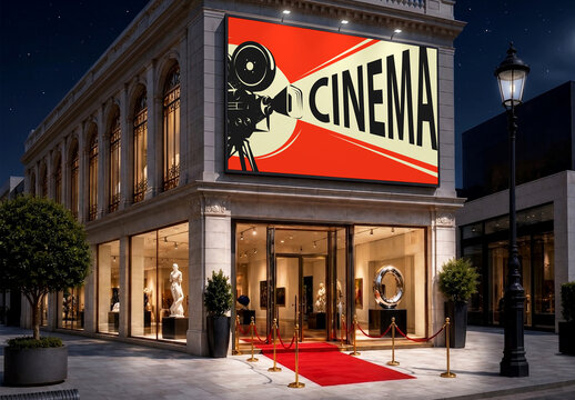 Cinema billboard mockup on classic building facade at night