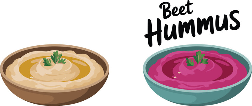 Beet Hummus and Classic Hummus Bowl Illustration with Text Logo for Healthy Food and Restaurant Menu Design