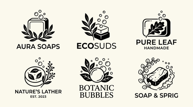 Handcrafted Soap Logos: Aura Soaps, Ecosuds, Pure Leaf, Nature's Lather, Botanic Bubbles, Soap & Sprig - Organic & Natural Branding