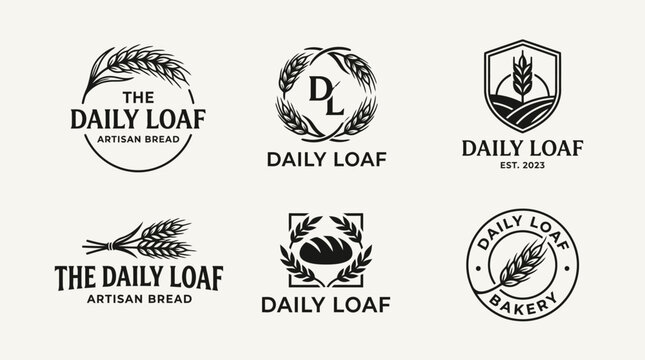 Collection of Bakery Logos: Daily Loaf Brand Identity, Wheat Sheaves, Shield Emblem, Circular Badges