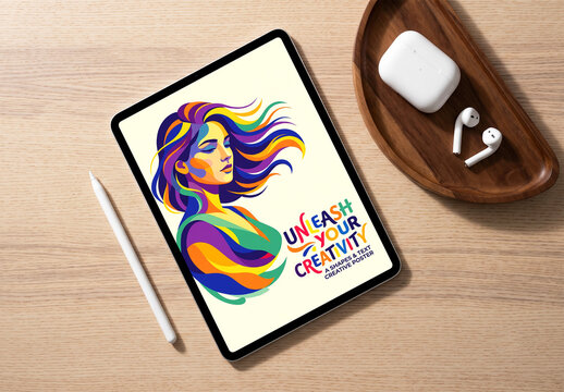 Digital Art Tablet Display Mockup on Wood Surface