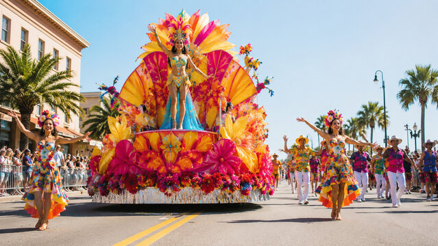 Colorful parade float with dancers moving through a sunny street during a summer festival