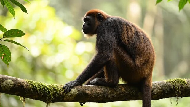 A spider monkey rests peacefully upon a mossy branch deep within the lush rainforest foliage where this primate observes its natural tropical habitat while remaining alert for any movement