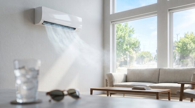 Modern wall mounted air conditioner cooling bright living room on hot summer day for indoor comfort and energy efficiency