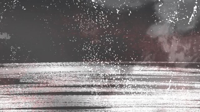 Dynamic abstract gray background with grunge texture, hand-drawn pencil hatching and fragments of printed text on a retro-style typewriter, creative looping animation.