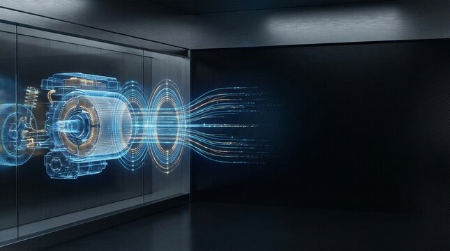 Futuristic industry 4.0 concept. Glowing holographic electric motor and digital twin model on dark background with large blank space, ideal for new energy and smart manufacturing.