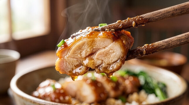 Cinematic Extreme Macro Close-Up of Lifting Juicy Teriyaki Chicken with Chopsticks