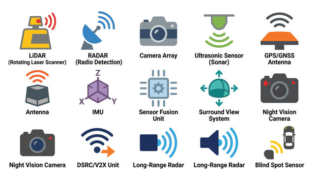 Autonomous Driving Sensors and Technology Icons: LiDAR, Radar, Camera, GPS, IMU, Sensor Fusion, and More