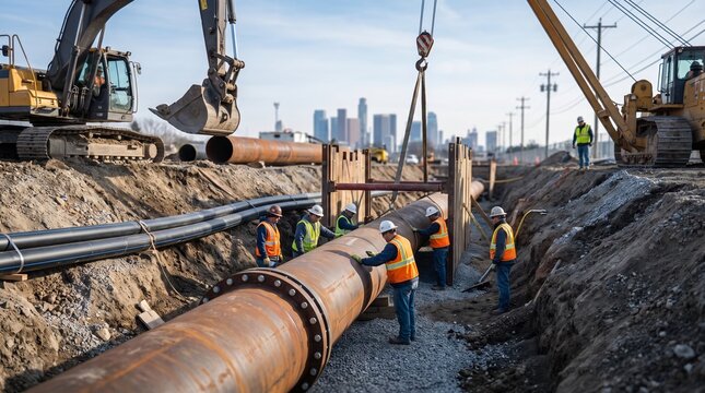 Underground pipeline construction with steel pipe installation at infrastructure project site for municipal utility network upgrade