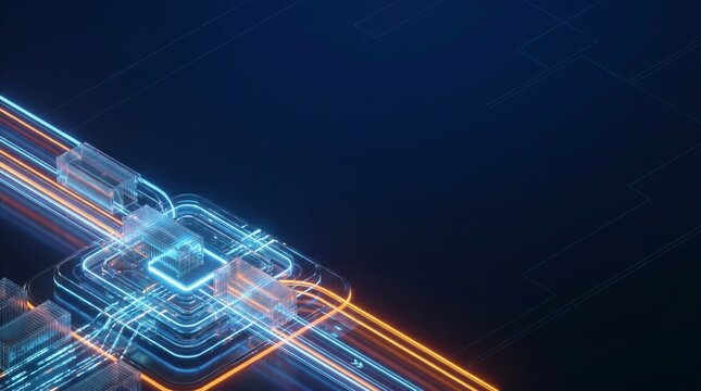 High tech glowing microchip circuit design resembling shipping containers and rapid data transfer lines depicting fast digital network processing.