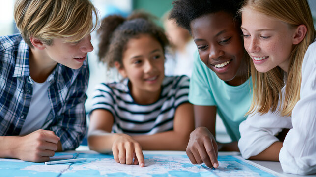 Small group of students engaged in an interactive geography lesson using a large classroom map, educational curiosity, engaged learning , with copy space
