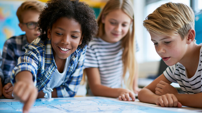 Small group of students engaged in an interactive geography lesson using a large classroom map, educational curiosity, engaged learning , with copy space