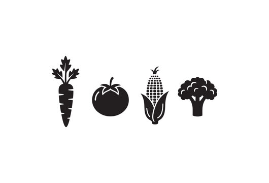 Minimalist vegetable icon set, black silhouette carrot tomato corn and broccoli vectors, organic farm food symbols for menu design