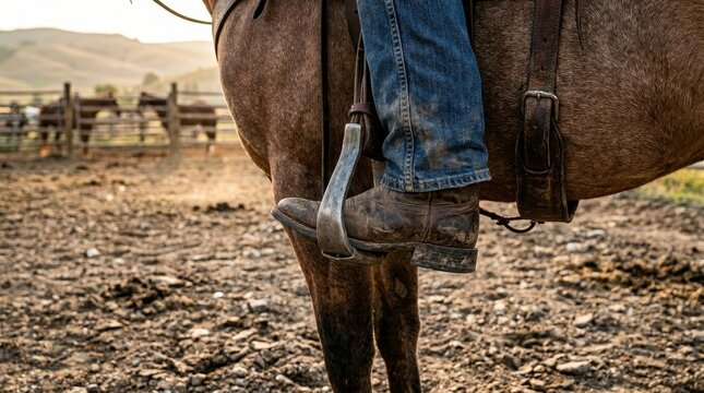 Rider's denim jeans and boot rest in the stirrup on a horse.