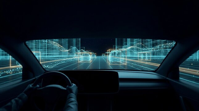 Driver perspective from an autonomous car navigating a digital wireframe city with object detection bounding boxes. Great for artificial intelligence and machine vision applications.