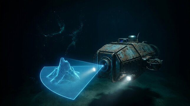 Deep sea exploration submarine projecting a glowing digital holographic topographic map of the ocean floor.