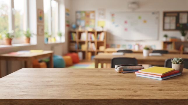 Back to school and copy space concept, stack of colorful books and school stationery on a wooden student desk in the foreground with a blurred empty elementary classroom background