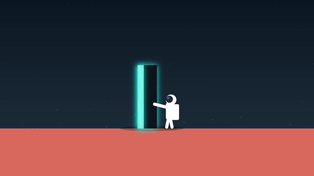 A lone astronaut in a minimalist flat design illustration reaches out to touch a glowing turquoise vertical portal, symbolizing discovery and the unknown in space exploration