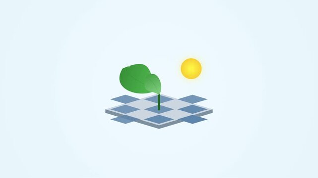 Minimalist vector illustration of a green tree growing from a tiled platform under a yellow sun on a light background