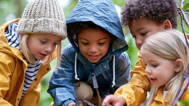 Three young children engaged in an outdoor forest activity, nature-based learning, outdoor education , with copy space