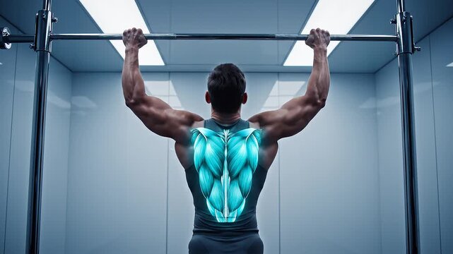 Muscular athlete performing pull up exercise showing back muscle activation with anatomical visualization in modern gym