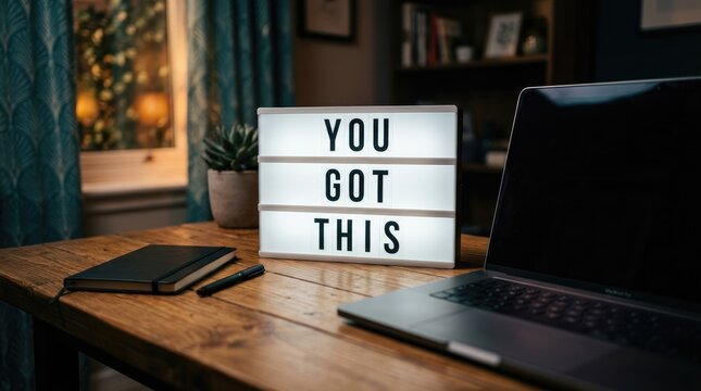 Illuminated light box sign displaying motivational text you got this sitting on a wooden desk