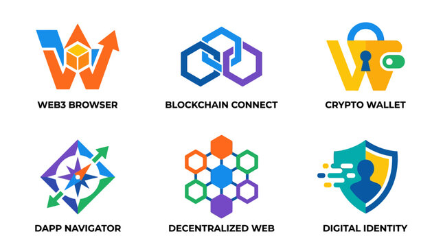 Web3 Technology Icons: Crypto Wallet, Blockchain Connect, Decentralized Web, Dapp Navigator, Digital Identity, Web3 Browser