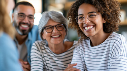 Obraz premium Family gathered together engaged in conversation and activities, multi-generational bonding, warm family moment , with copy space