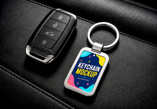 Metal Keychain Mockup with Car Remote Control on Black Leather Surface