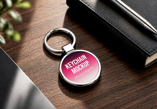 Metallic Round Keychain Mockup on Wooden Desk