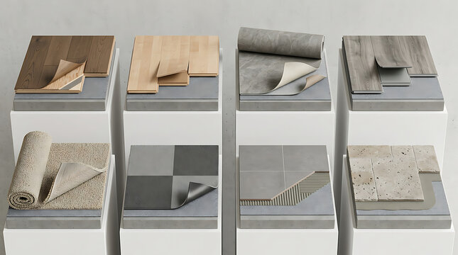 Set of Flooring Material Samples Showing Layers and Cross Section for Interior Design