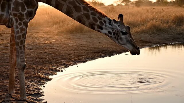 A majestic wild giraffe gracefully bows its long neck to drink refreshing water from a natural pond during a peaceful golden hour sunset across the vast plains of the beautiful African savanna