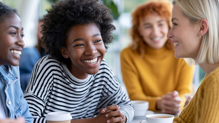 Fototapeta premium Small group of friends engaged in conversation around a modern dining table with coffee and tea, casual social gathering, community connection , with copy space