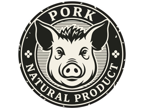 Vintage Pork Natural Product Label with Pig Head Illustration